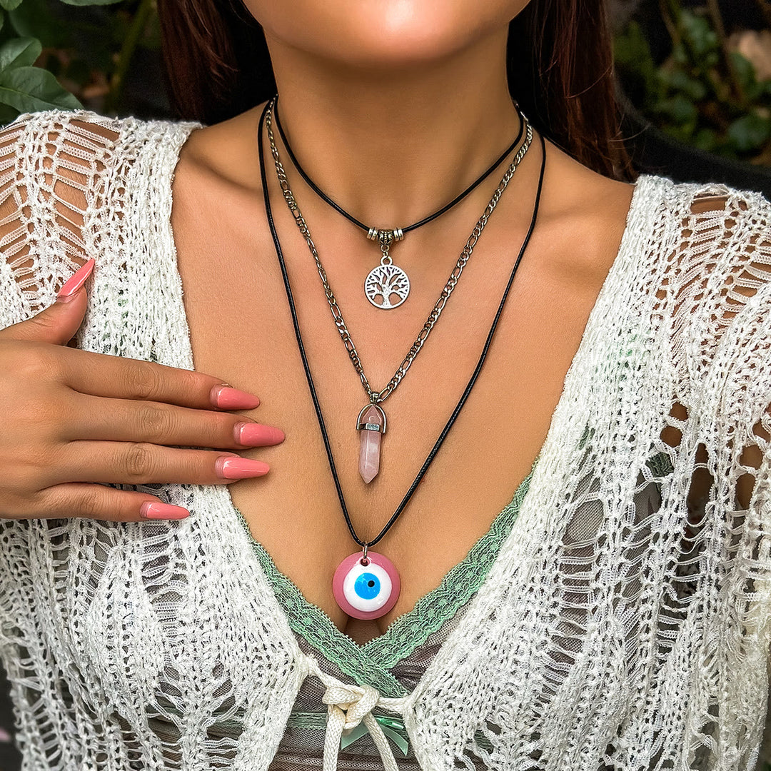 Ensemble de colliers avec pendentif en obsidienne et arbre de vie contre le mauvais œil Olivenorma 
