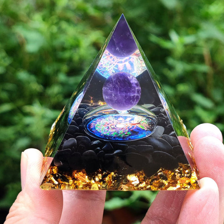 Sphère de cristal d'améthyste Olivenorma avec pyramide d'orgone en cristal naturel d'obsidienne 
