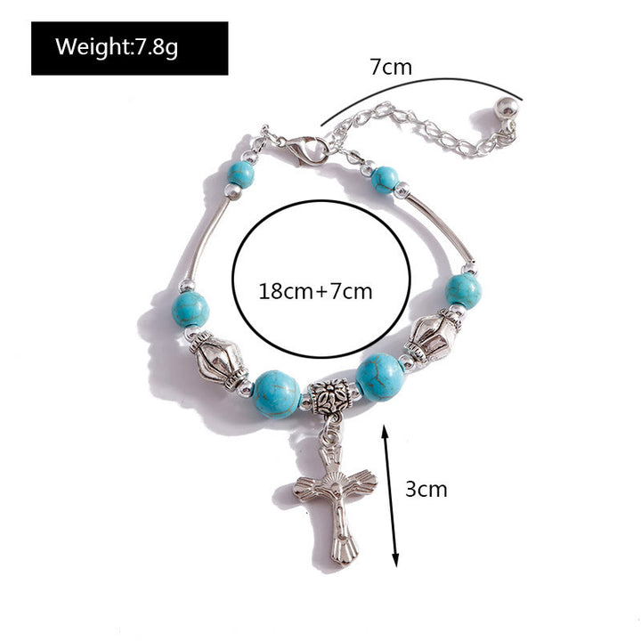 Bracelet pendentif croix en argent et perles turquoise Olivenorma