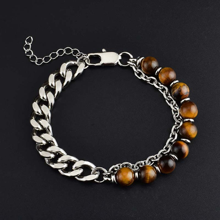Bracelet en acier inoxydable avec onyx noir à facettes et œil de tigre Olivenorma