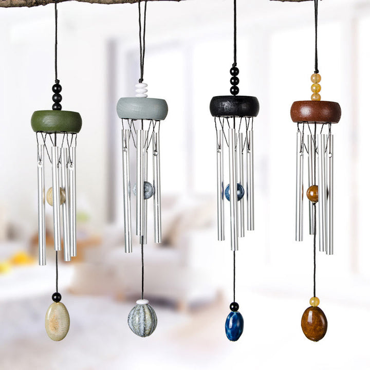 Carillon éolien en bois massif et tige en aluminium avec pierre naturelle Olivenorma