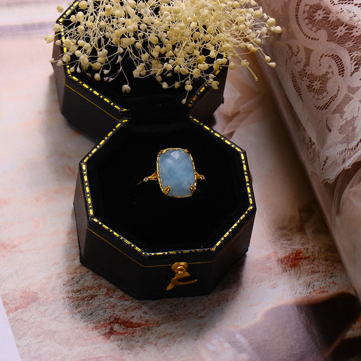 Bague vintage Olivenorma grande aigue-marine carrée en onyx noir