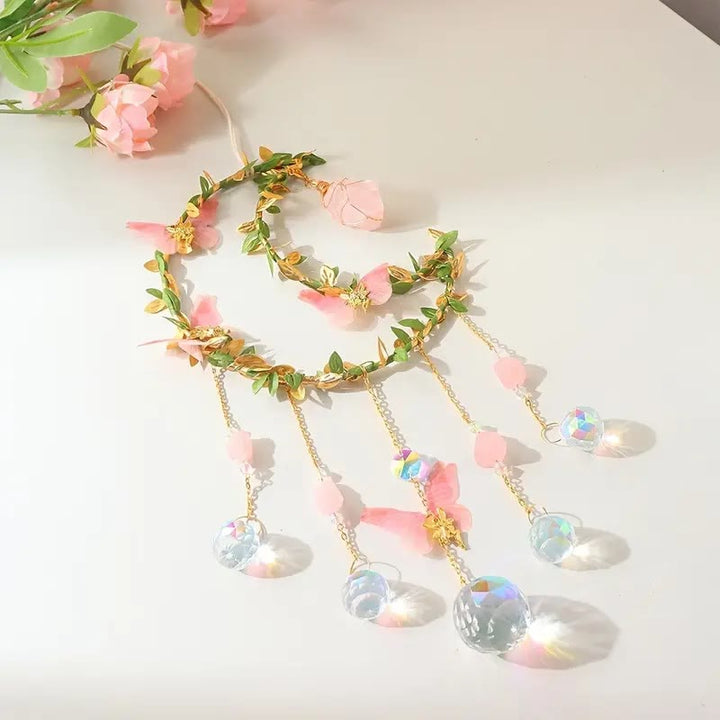 Carillon éolien porte-bonheur en quartz rose avec papillon Olivenorma 