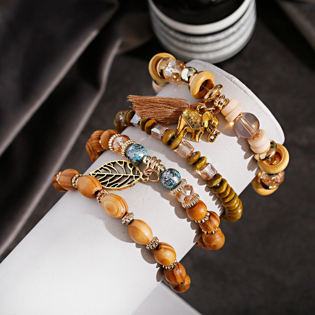 Ensemble de bracelets à pampilles et pendentifs en forme de feuille d'éléphant de Bohême Olivenorma