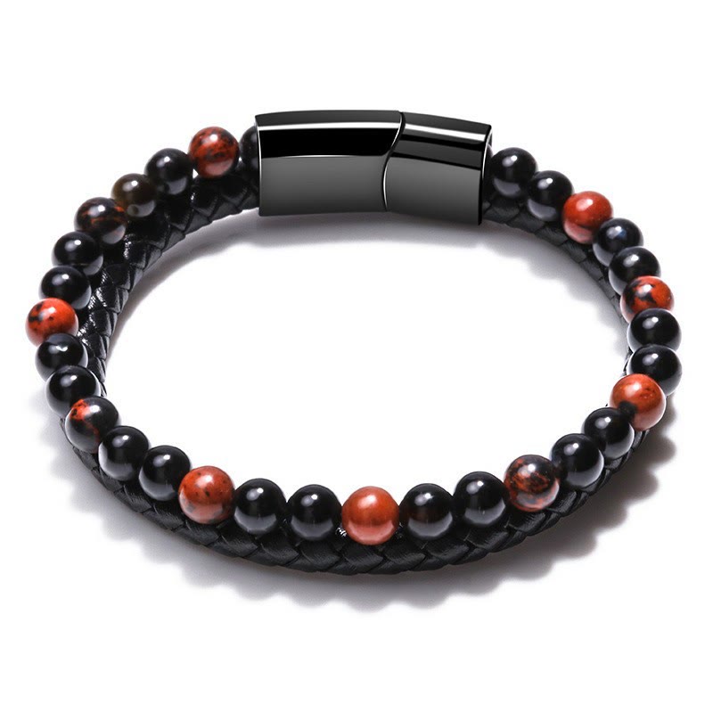 Bracelet en cuir à deux couches pour hommes Olivenorma - Obsidienne rouge - 23 cm - image 4