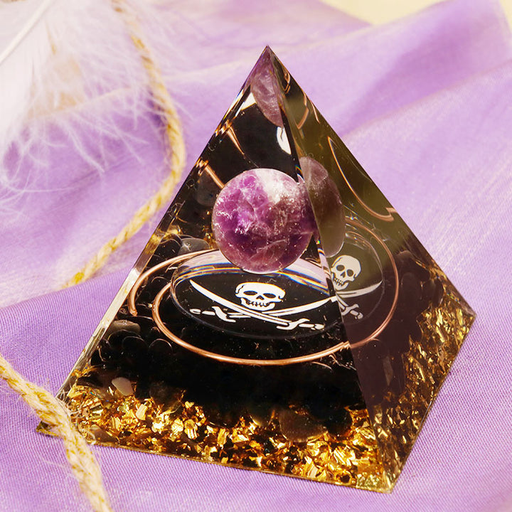 Pyramide d'orgone symbole de crâne d'obsidienne améthyste Olivenorma