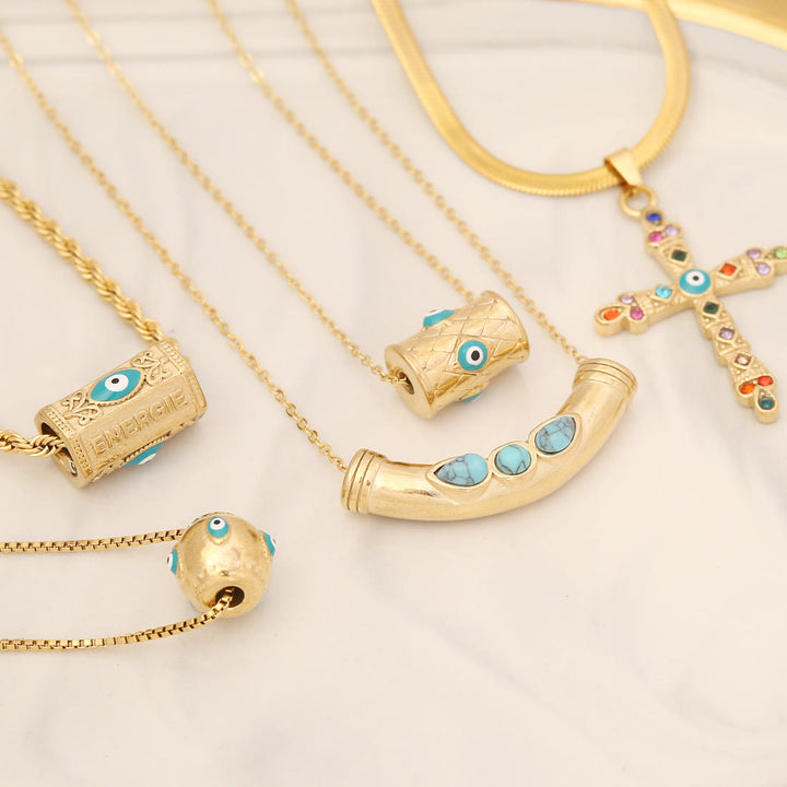 Collier pendentif croix mauvais œil turquoise Olivenorma 