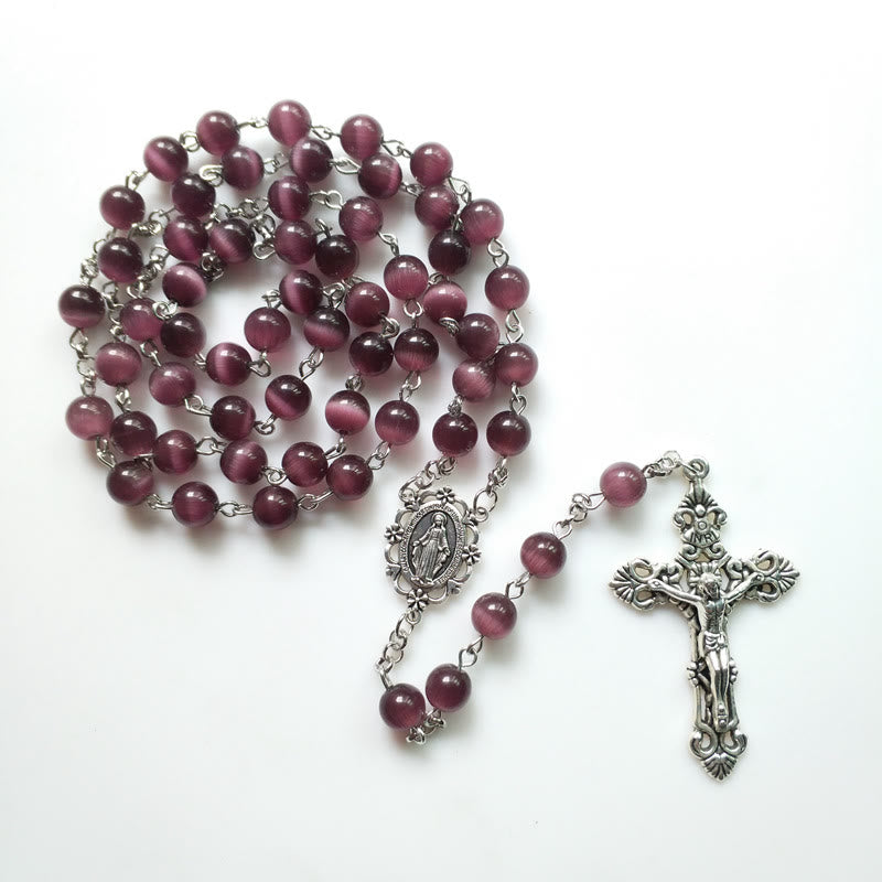 Collier chapelet croix en pierre œil de chat violet Olivenorma - image 4