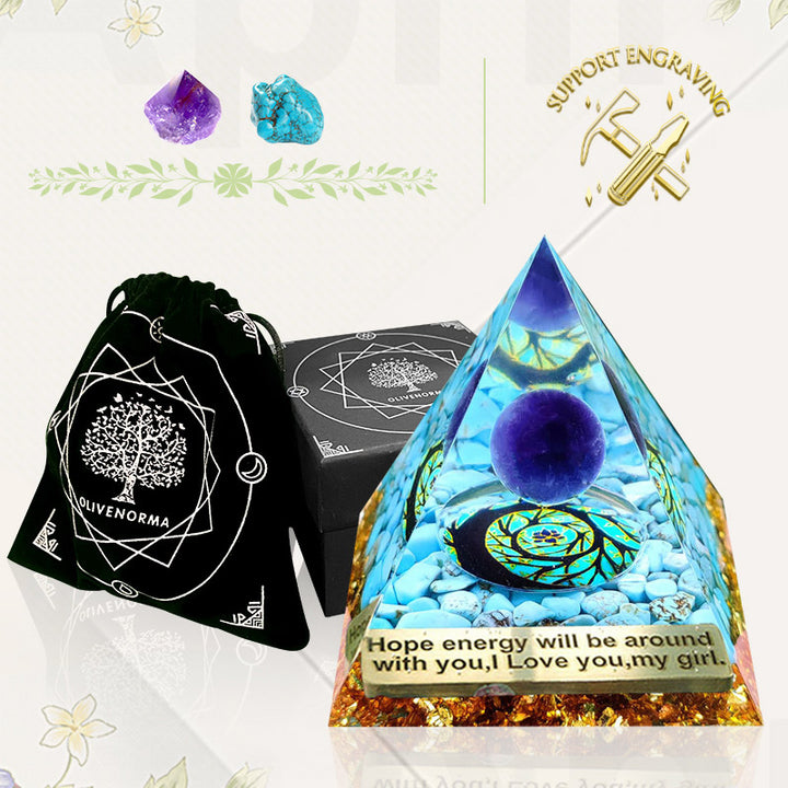 Pyramide d'orgone en turquoise avec boule d'améthyste Olivenorma