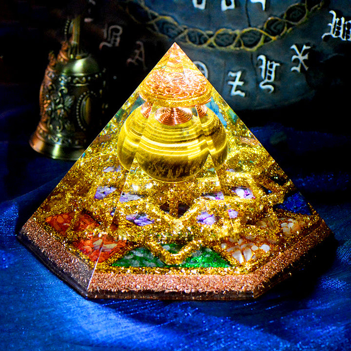 Tour de cristal hexaédrique en œil de tigre de lumière sacrée Olivenorma , pyramide orgonite