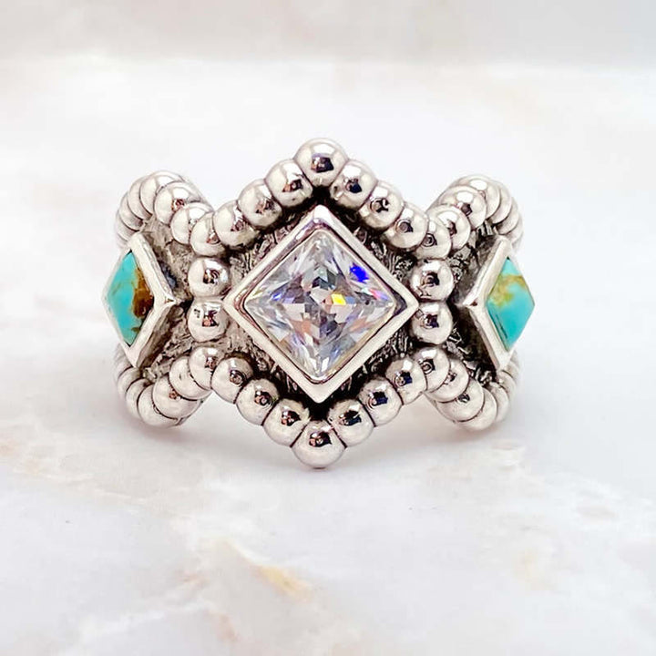 Bague vintage Olivenorma avec incrustation de turquoise et de zircon 