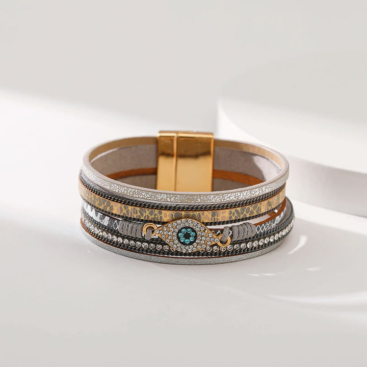Bracelet Olivenorma en similicuir motif léopard avec zircon et mauvais œil