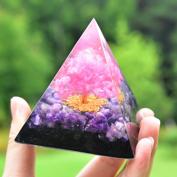 Pyramide d'orgone en obsidienne améthyste avec cristal rose Olivenorma