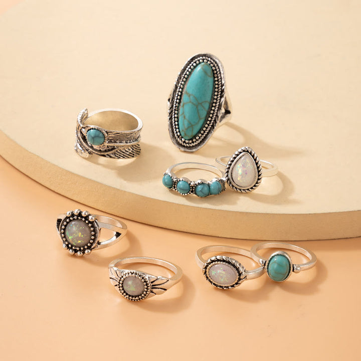 Ensemble de 8 bagues en feuille d'éléphant turquoise et opale Olivenorma 