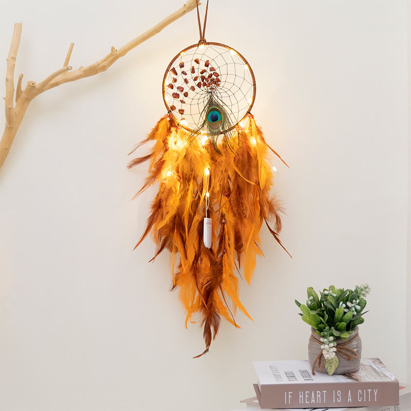 Attrape-rêves en agate rouge et turquoise avec plumes de paon Olivenorma - Agate rouge - Avec des lumières - image 1