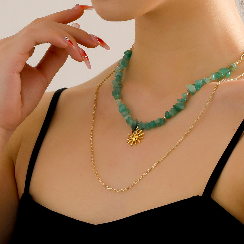 Collier double couche avec pendentif soleil en amazonite naturelle Olivenorma