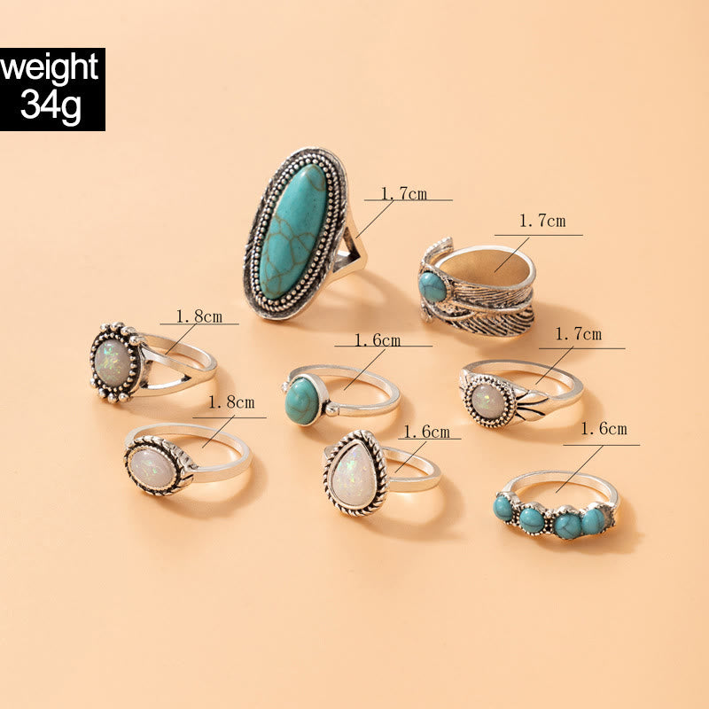 Ensemble de 8 bagues en feuille d'éléphant turquoise et opale Olivenorma 