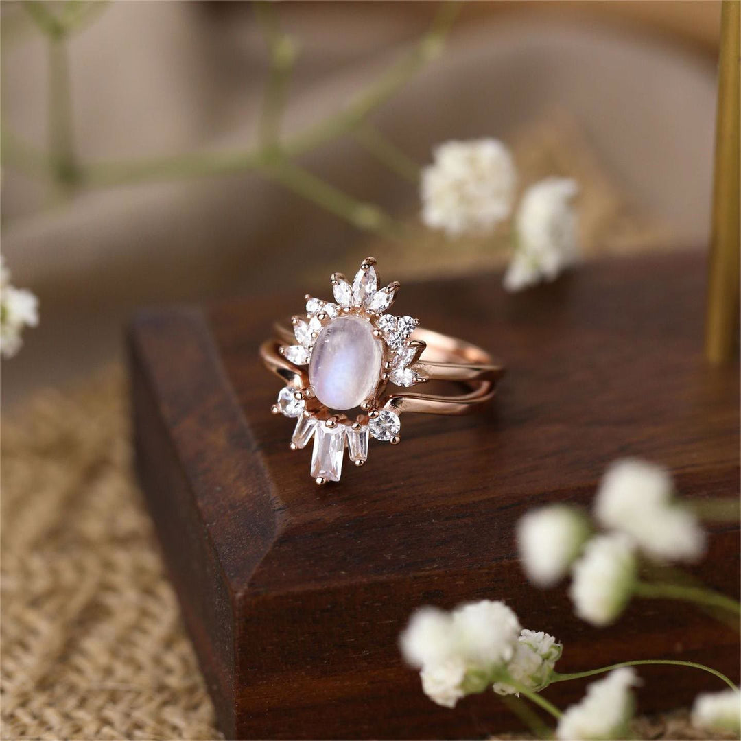 Ensemble de 2 bagues ovales en zircon blanc et pierre de lune Olivenorma