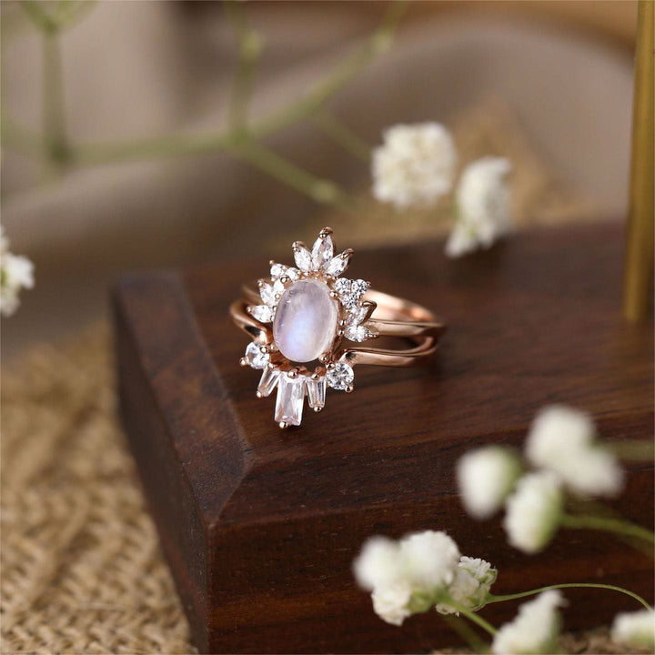 Ensemble de 2 bagues ovales en zircon blanc et pierre de lune Olivenorma