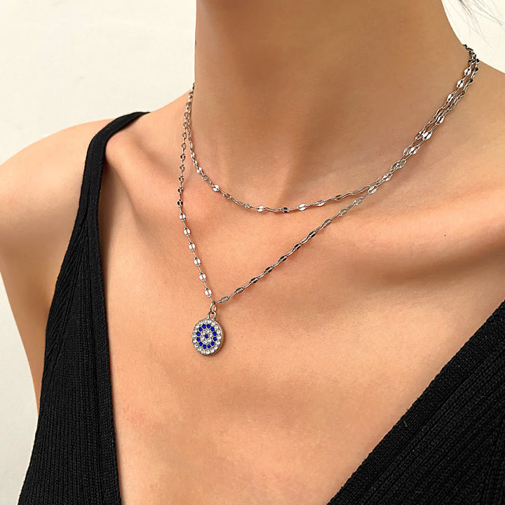 Collier double alliage mauvais œil en zircon blanc Olivenorma