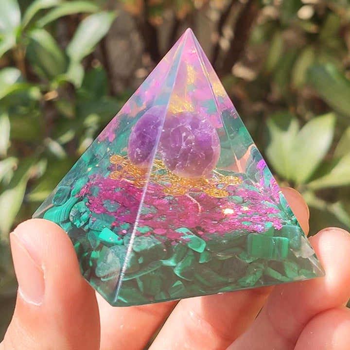 Symbole du cube de Métatron, améthyste Olivenorma, pyramide d'orgone