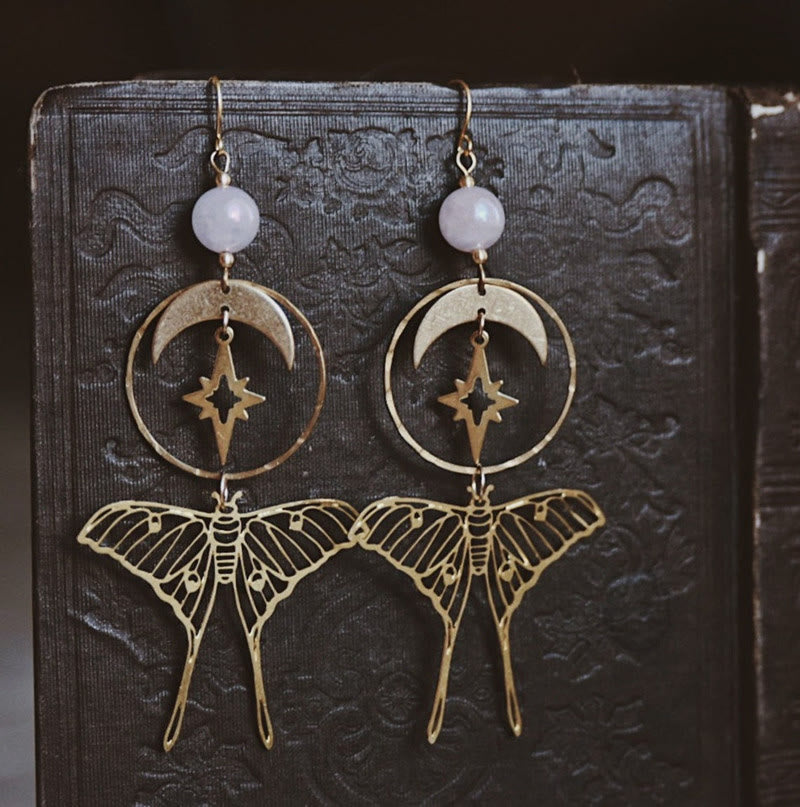 Boucles d'oreilles en quartz rose naturel avec étoile et papillon de lune Olivenorma