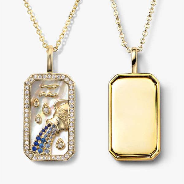 Collier avec plaque signalétique gravée avec 12 signes du zodiaque en zircon blanc Olivenorma 