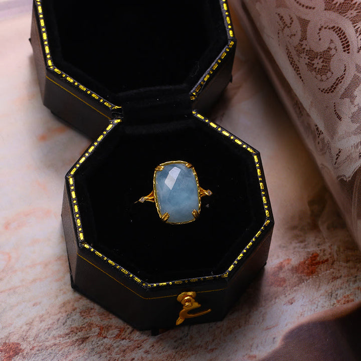 Bague vintage Olivenorma grande aigue-marine carrée en onyx noir