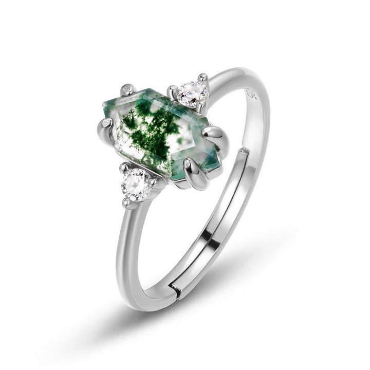 Bague ajustable Olivenorma en agate mousse hexagonale et zircon blanc S925