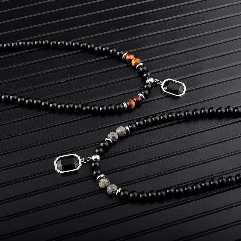 Collier en acier titane et perles d'obsidienne œil de tigre Olivenorma pour homme 