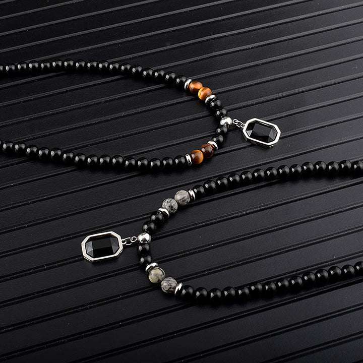 Collier en acier titane et perles d'obsidienne œil de tigre Olivenorma pour homme 