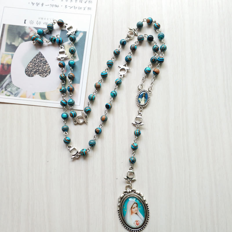 Collier chapelet avec pendentif médaille sacrée de la Vierge en azurite et malachite Olivenorma 