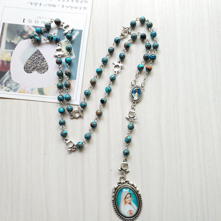 Collier chapelet avec pendentif médaille sacrée de la Vierge en azurite et malachite Olivenorma 