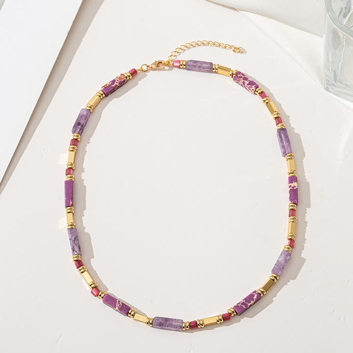 Collier de clavicule en pierre empereur violette et charoïte rectangulaire géométrique Olivenorma 