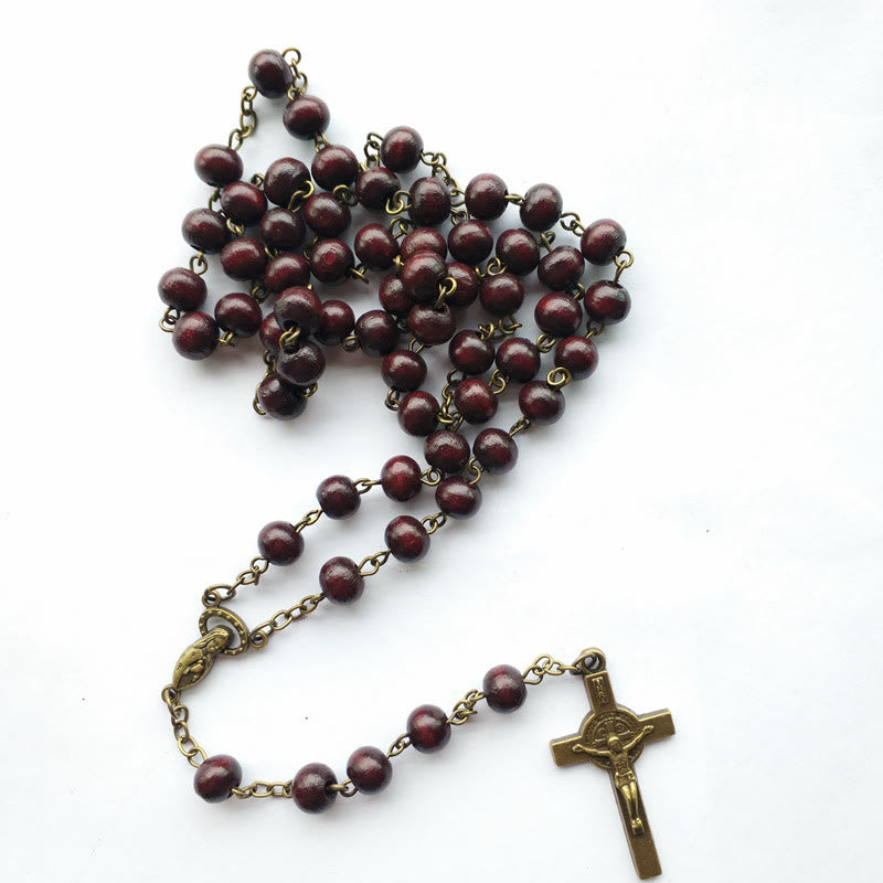 Collier avec pendentif en forme de croix en cuivre et chapelet en bois Olivenorma 