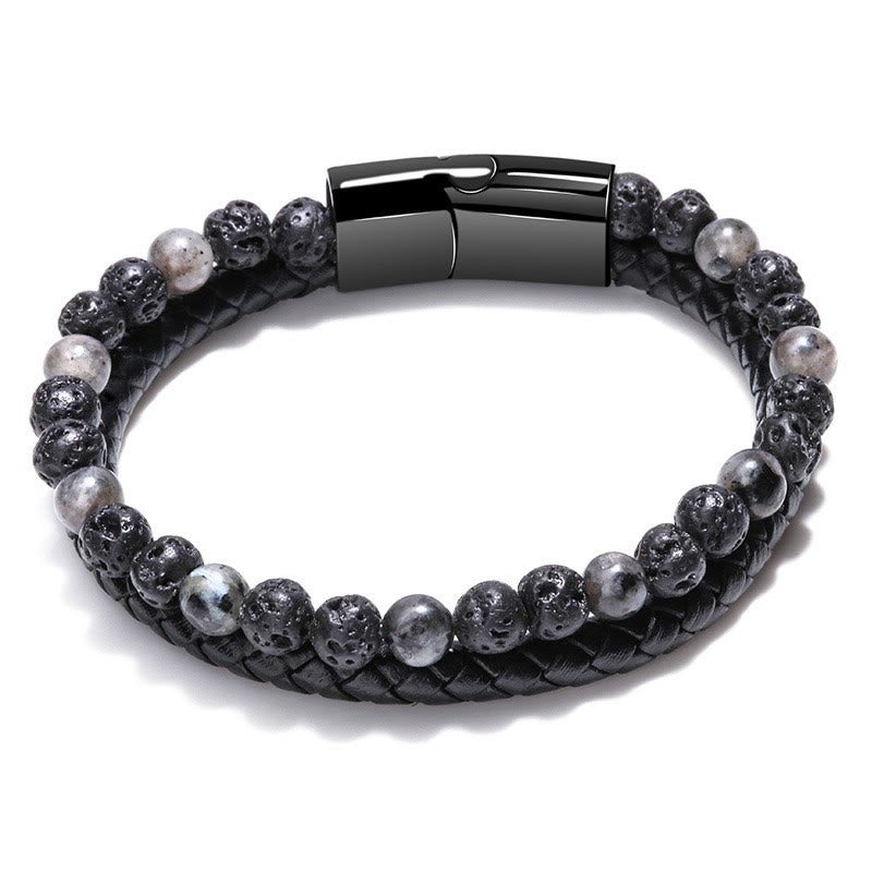 Bracelet en cuir à deux couches pour hommes Olivenorma - Pierre de lave et jaspe gris - 23 cm - image 6