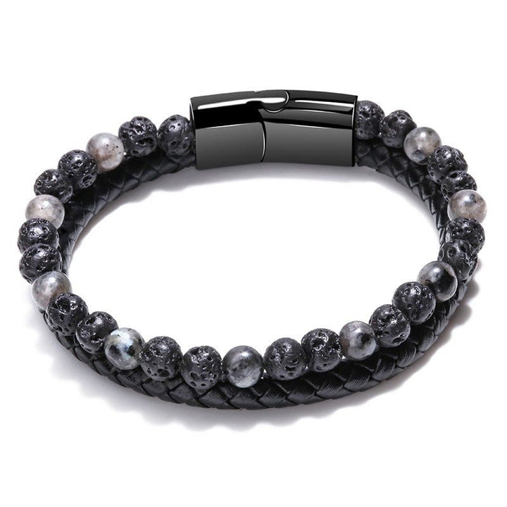 Bracelet en cuir à deux couches pour hommes Olivenorma - Pierre de lave et jaspe gris - 23 cm - image 6