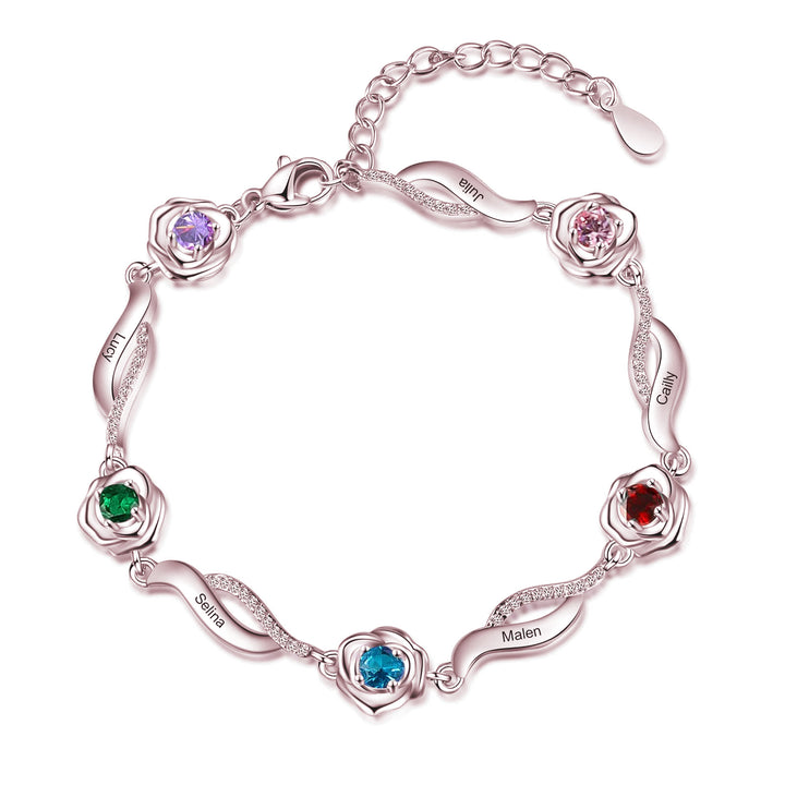 Bracelet à breloques avec pierre de naissance et fleur de rose gravée Olivenorma 