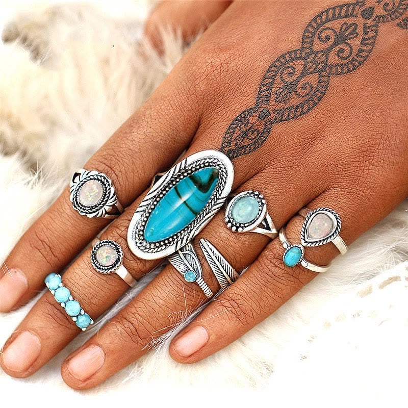 Ensemble de 8 bagues en feuille d'éléphant turquoise et opale Olivenorma 