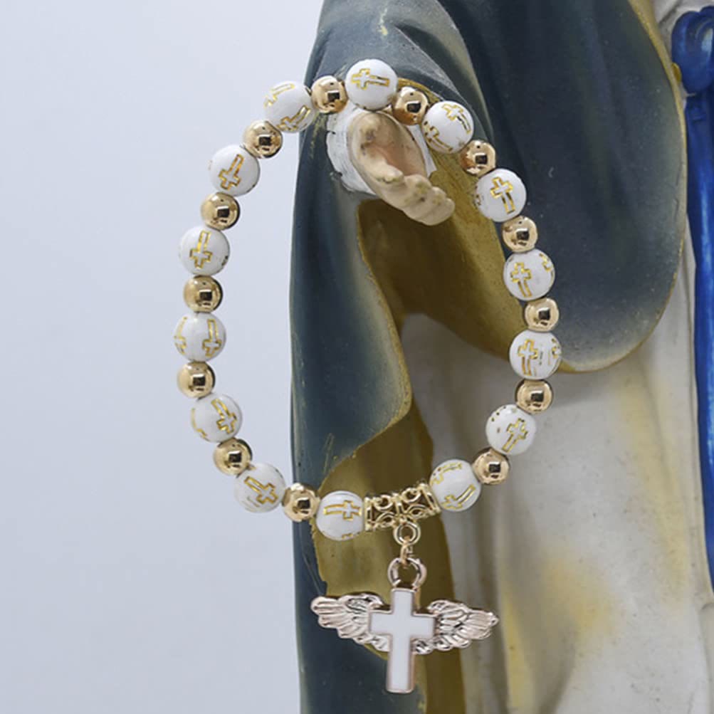 Bracelet en perles de jade blanc avec croix Olivenorma 