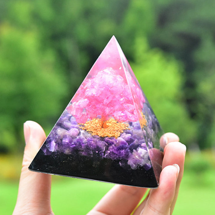 Pyramide d'orgone en obsidienne améthyste avec cristal rose Olivenorma