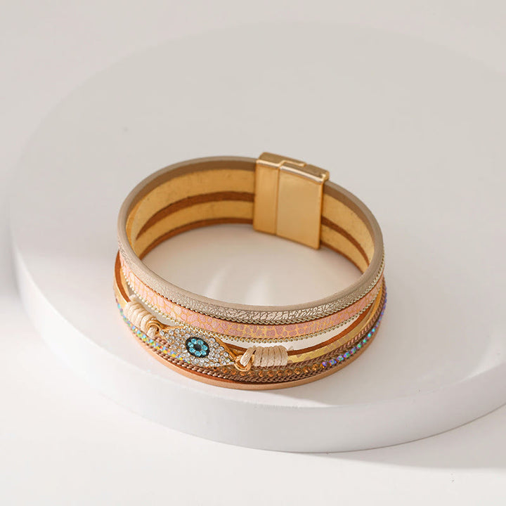 Bracelet Olivenorma en similicuir motif léopard avec zircon et mauvais œil