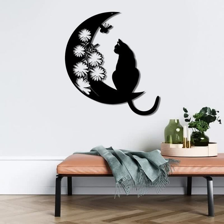 Décoration murale en métal avec croissant de lune et chat Olivenorma