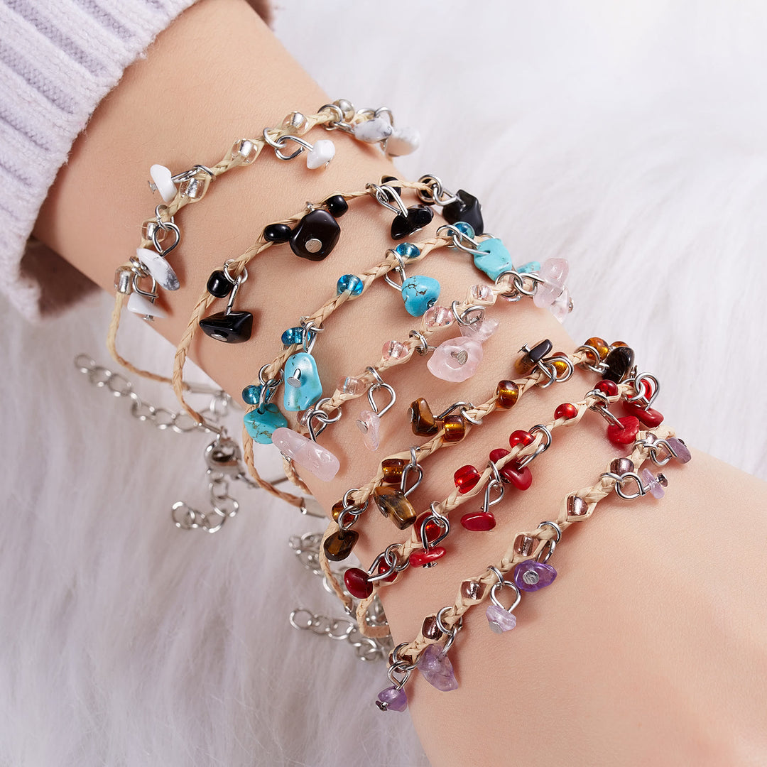 Bracelet tressé en gravier avec pompon en obsidienne et améthyste œil de tigre Olivenorma
