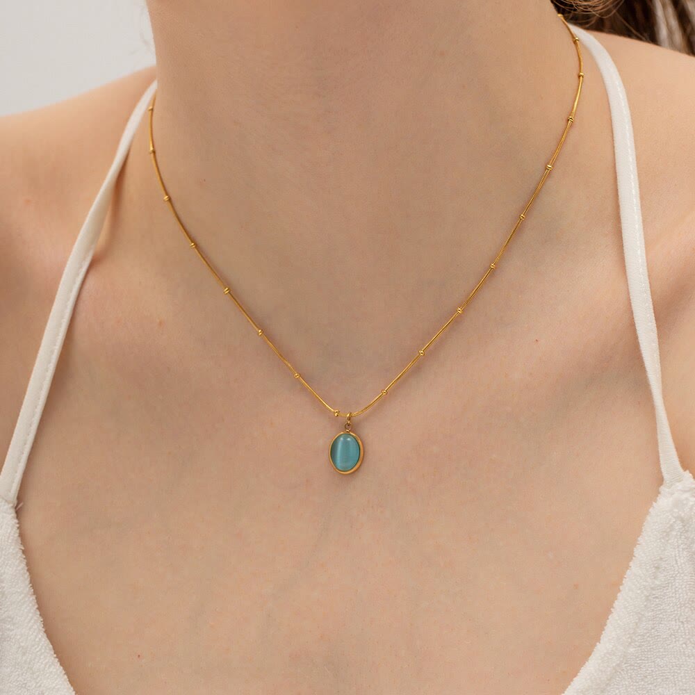 Collier pendentif carré en forme de cœur avec pierre œil de chat bleu Olivenorma 
