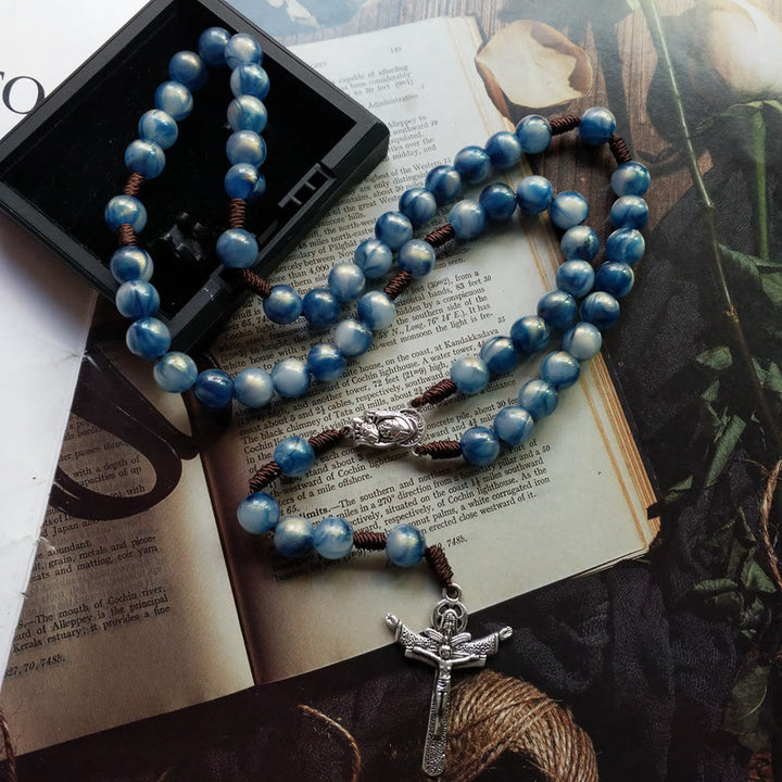 Collier chapelet avec croix de Jésus en pierre œil de chat bleu Olivenorma 