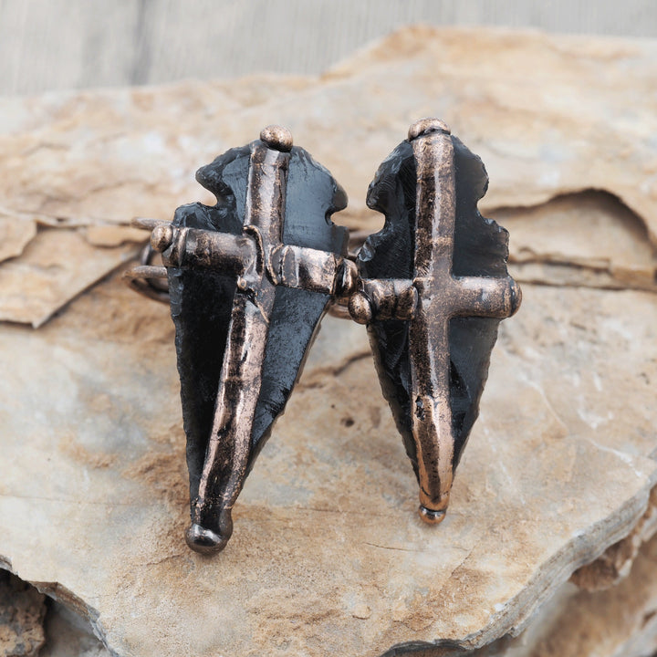 Bague en forme de croix avec bouclier en obsidienne naturelle Olivenorma