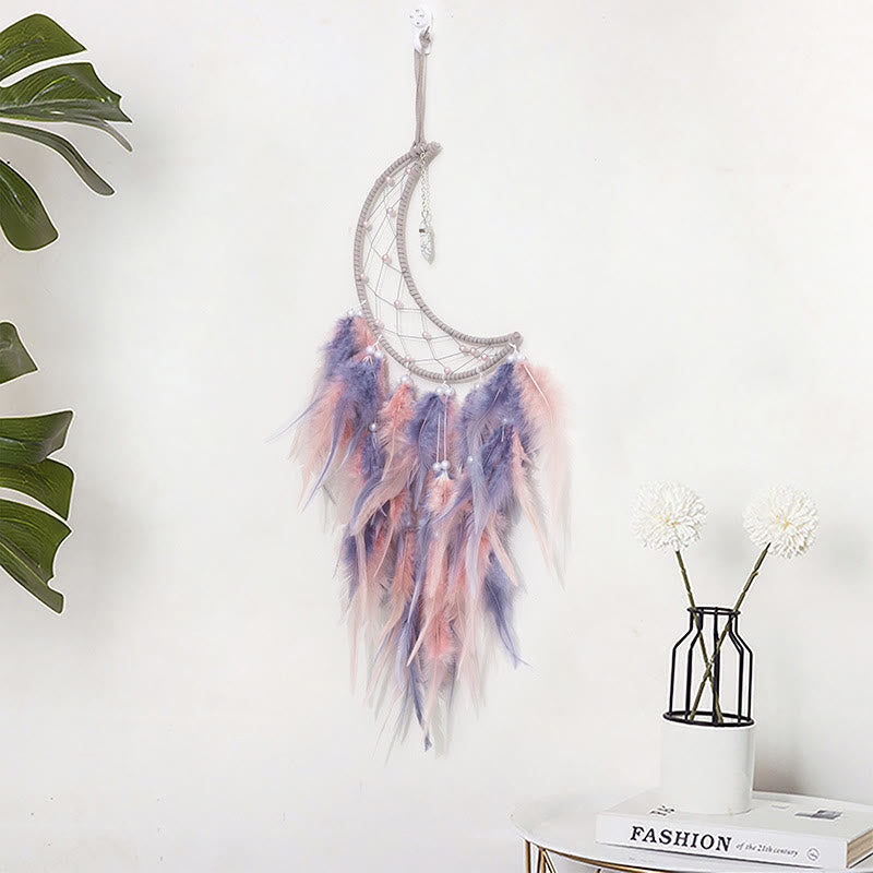 Pendentif Olivenorma en turquoise blanche et attrape-rêves en plumes grises et roses