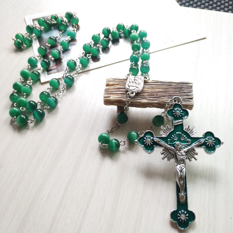 Collier chapelet croix en pierre œil de chat vert Olivenorma 