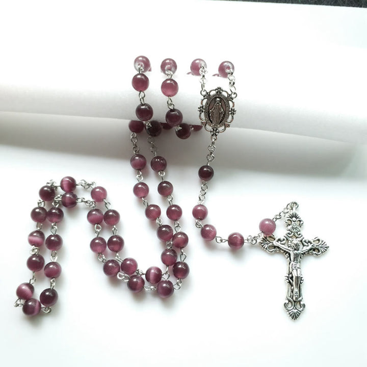 Collier chapelet croix en pierre œil de chat violet Olivenorma - image 2